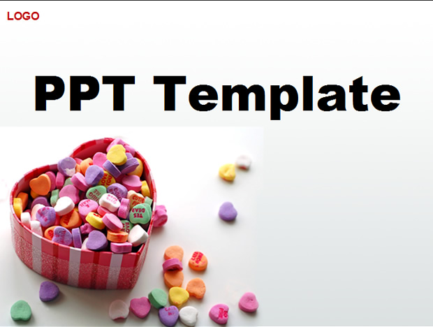 满盒的彩色心形糖片情人节主题PPT模板